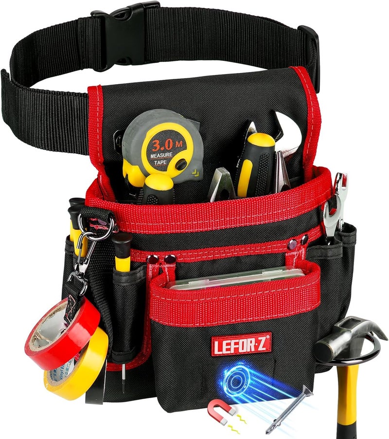 LEFORZ Tool Belt,Magnetic Tool Pouch,14-Pockets Tool Belts for Men,Detachable & Adjustable Tool Pouch Belt for Electrician,Carpenter,Construction,Work Apron,Utility Belt,Black-Red - Image 1